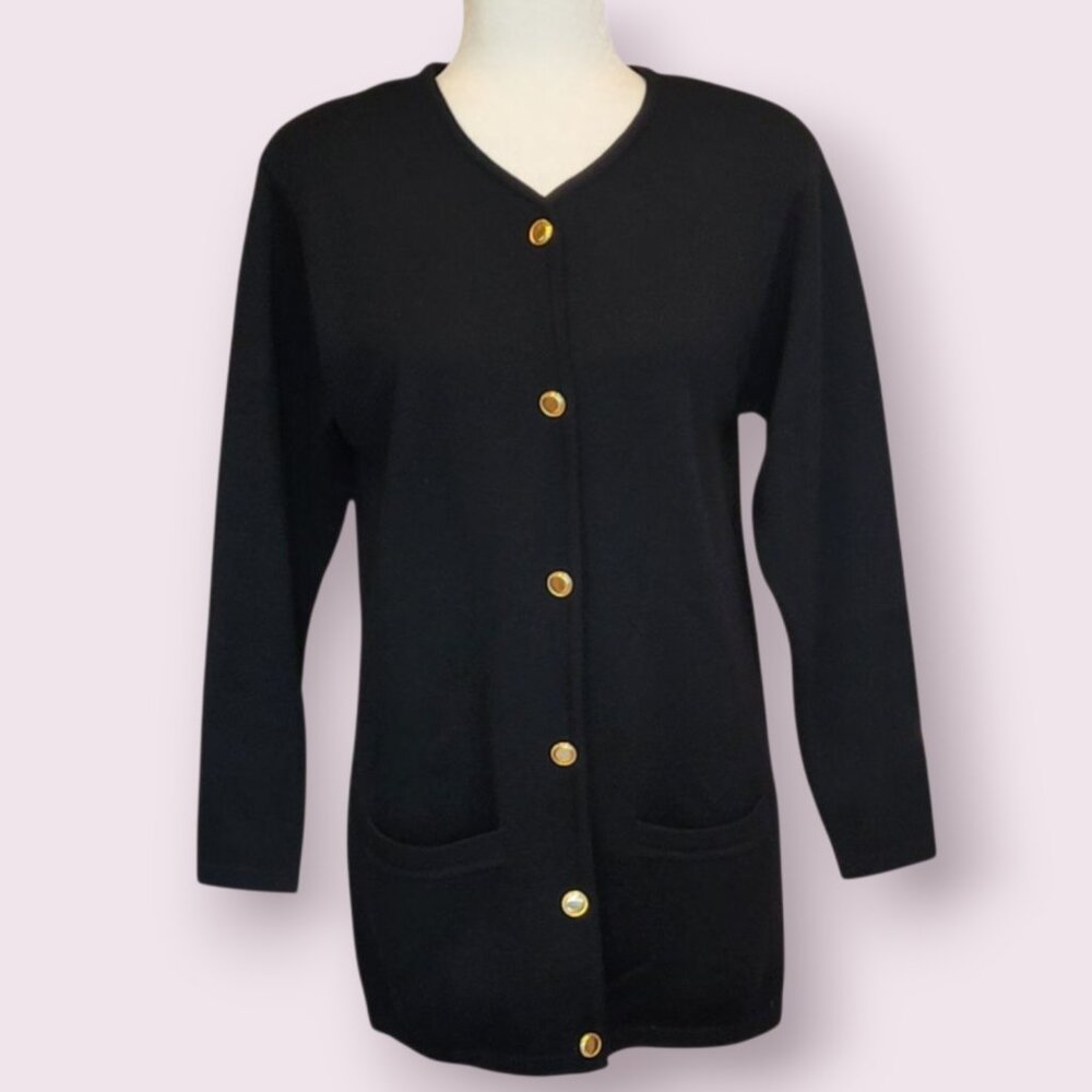 Talbots VTG Petite Merino Wool Black Cardigan Sweater Jacket Longline Pockets